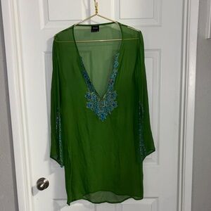 Inca 100% Silk Tunic green transparent chiffon bell sleeve split hem beadwork